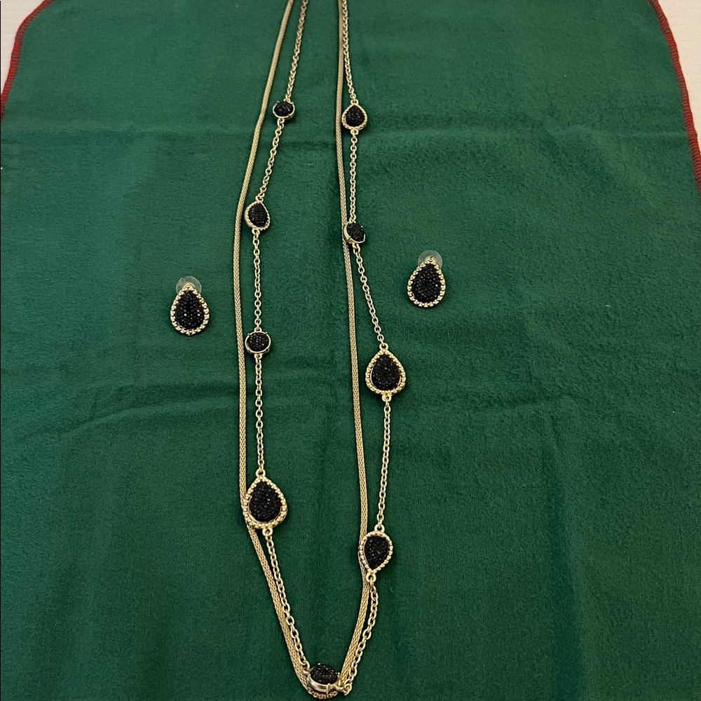 Ann Taylor Black Drusy Crystal/Chain Double Strand Necklace/Earring Set